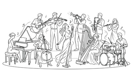 Jazz band line art illustration, live music orchestra with singer and musicians, classical ensemble vector drawing for concert posters and events © Noman