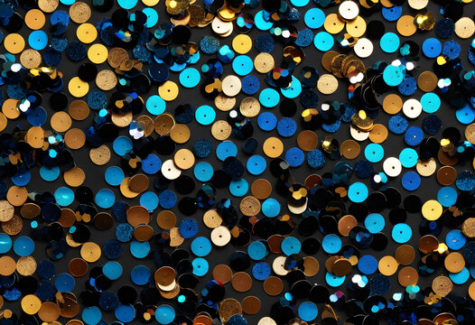Scattered blue and gold sequins on black background