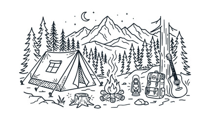 Vintage camping line art illustration, mountain landscape with tent and campfire, outdoor adventure scene with backpack and guitar vector © Shahzad