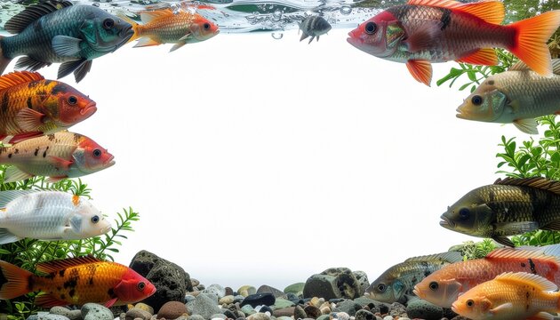 Vibrant tropical fish framing empty white copy space in aquarium