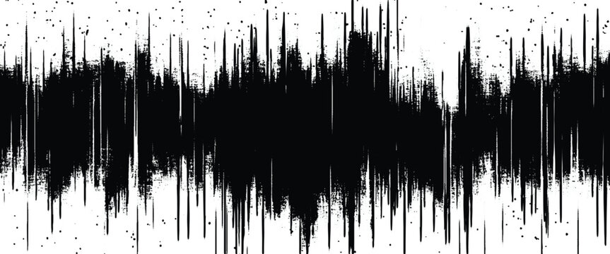 Black ink splatter and drips forming abstract vertical lines and scattered dots on white background