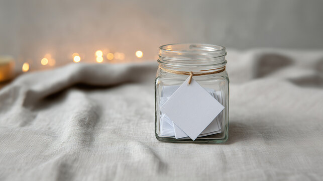 Glass Jar with Blank Paper Notes on Rustic Linen Fabric Background