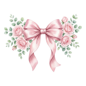 Watercolor Pink Ribbon Bow with Rose and Eucalyptus Swag