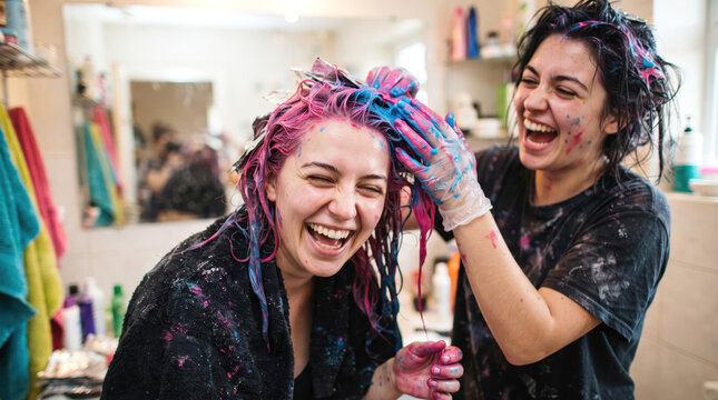 Two young women laughing while dyeing hair with vibrant colors