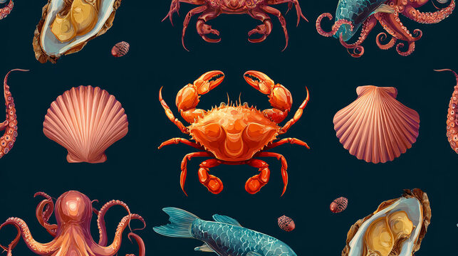 Seamless pattern of fresh seafood featuring crabs octopuses and shells.