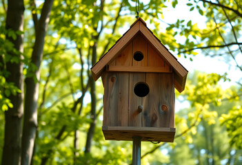 Fototapeta premium Wooden birdhouse hanging in green forest