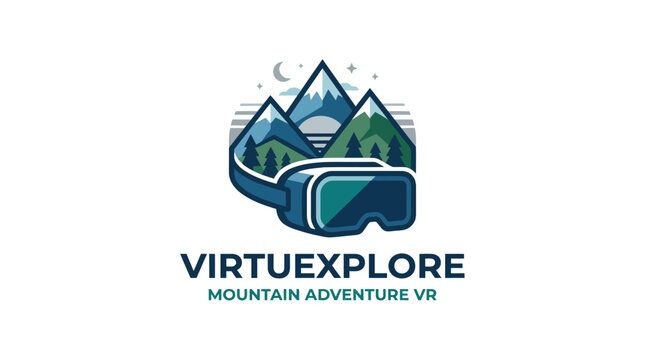 VirtuExplore logo featuring VR headset and mountain peaks.