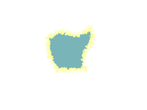 A textured blue shape with a jagged yellow border on a plain surface