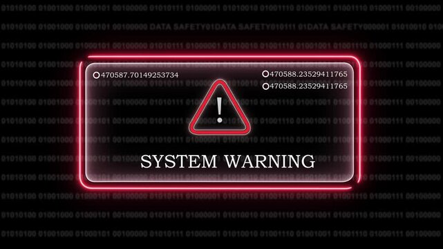 Digital system warning alert with glowing red neon frame and binary code background, for cybersecurity breach, notification, software error, message, data protection, failure, and critical network