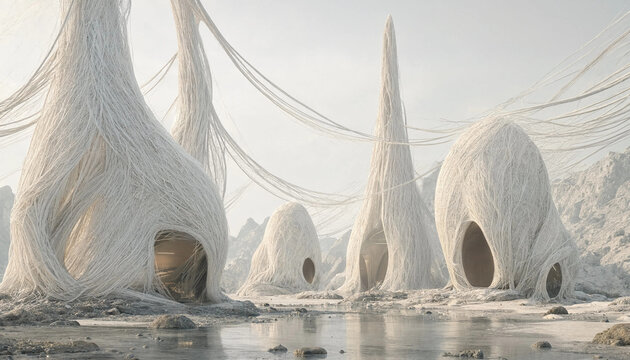 Surreal landscape featuring white fibrous organic structures resembling cocoons or pods, situated on a rocky terrain with a shallow water pool