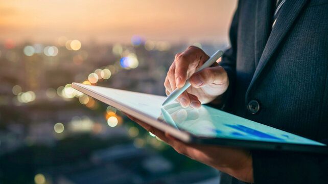 Businessman analyzing data on a tablet with a stylus, overlooking a city, symbolizing modern business and technology
