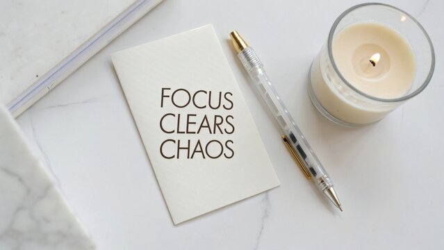 Inspirational quote card about focus and clarity beside a candle and a pen on a clean marble surface