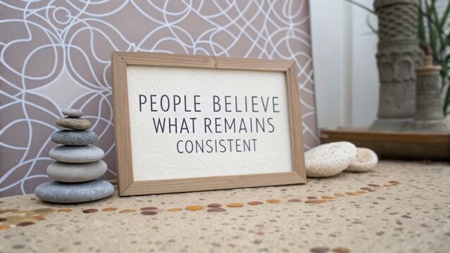 Inspirational quote framed on a table surrounded by smooth stones, with an abstract patterned background and plant decor