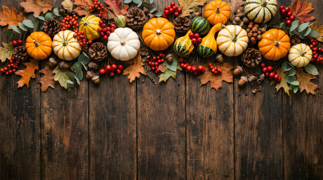 Colorful pumpkins and autumn leaves on a rustic dark wooden table background for thanksgiving