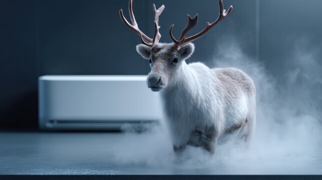 Reindeer stands in a foggy room with modern decor during the daytime