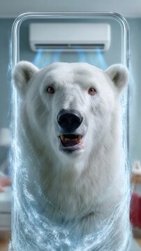 Polar bear appears to step out of smartphone screen in a living room with air conditioning
