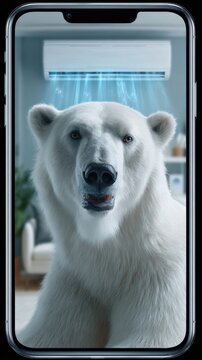 Polar bear stands in front of air conditioner inside a home setting during day time