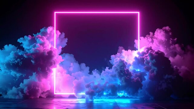 Neon lights illuminate colorful smoke clouds surrounding a glowing pink rectangle frame on a dark background.