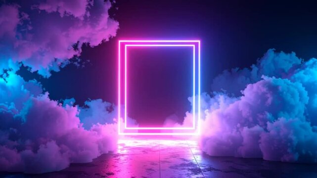 Neon pink rectangular frame glowing brightly amidst vibrant blue and purple clouds in a dark futuristic environment.