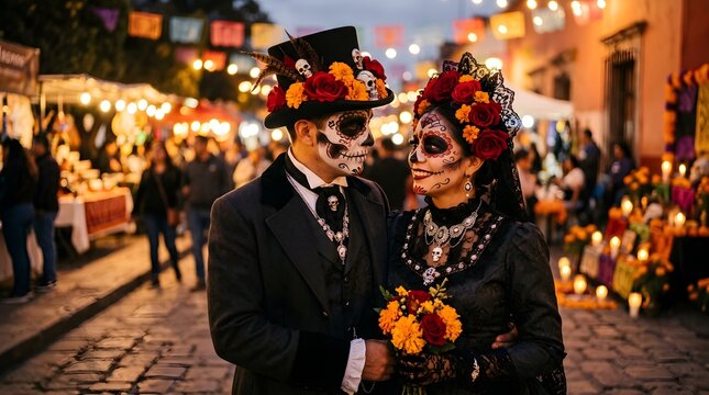 Couple dressed in traditional day of the dead costumes in a festive street