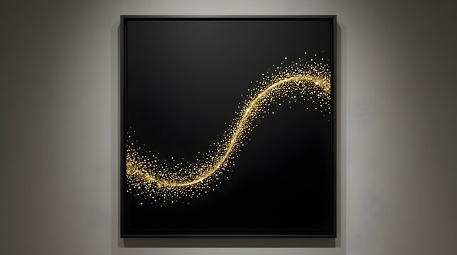 Elegant golden glitter wave on black canvas abstract wall art for luxury modern interior home decor and gallery display