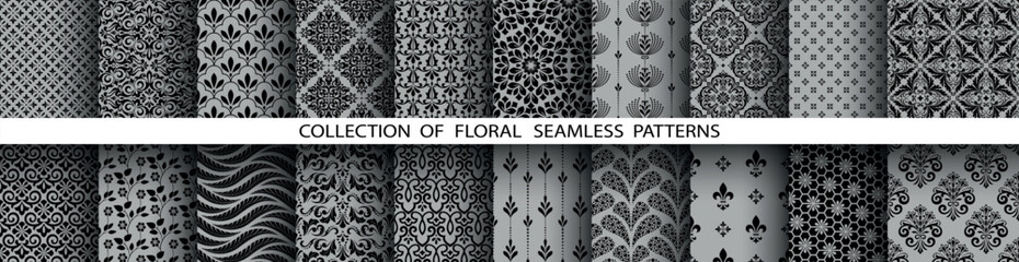 Fototapeta premium Geometric floral set of seamless patterns. Gray and black vector backgrounds. Damask graphic ornaments