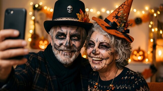 Senior couple taking a selfie with halloween makeup and costumes