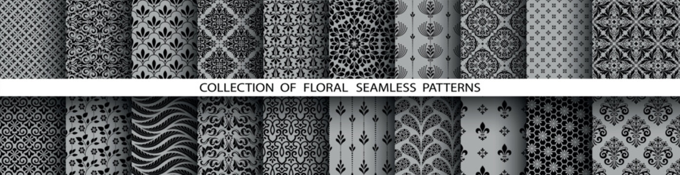 Geometric floral set of seamless patterns. Gray and black vector backgrounds. Damask graphic ornaments