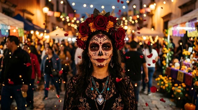 Woman with traditional dia de los muertos sugar skull makeup and floral crown in a festive street celebration