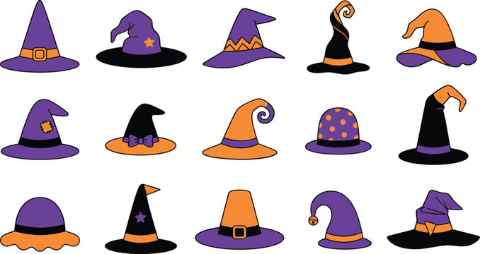 Halloween witch hats in purple orange and black