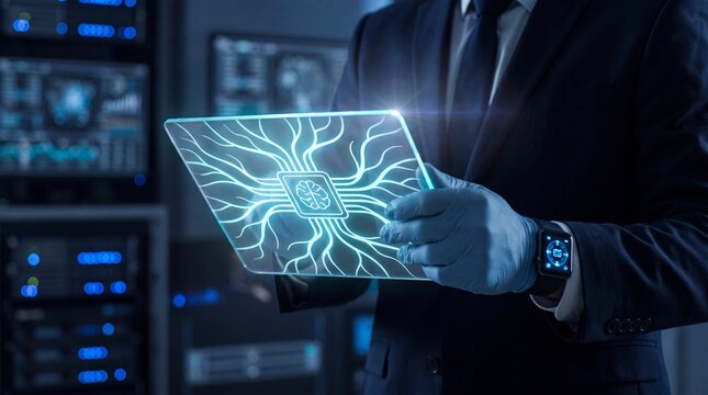 Businessman holds tablet with glowing neuromorphic brain chip in server room