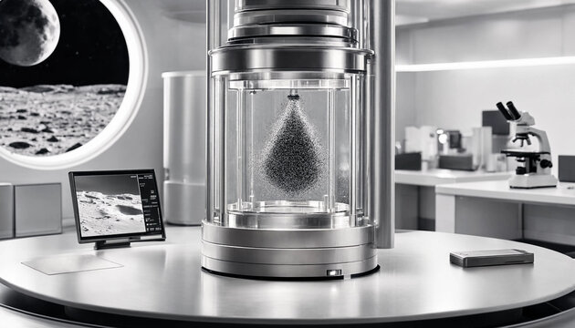 Futuristic laboratory with a central glass chamber containing a suspended particle cloud, lunar view through a circular window, and microscope