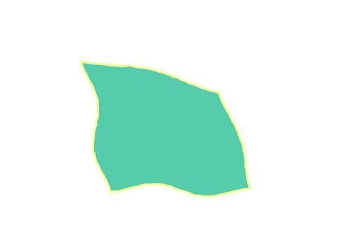 An abstract flat teal geometric shape with a soft yellow border outline