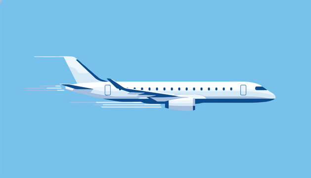 Side view of a sleek white private jet flying swiftly across a clear blue sky with modern graphic speed lines.