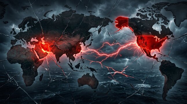 World map with glowing red areas representing iran and usa dramatic stormy sky