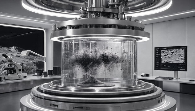 Futuristic laboratory with a central glass chamber containing floating particles, microscope, and computer monitors displaying lunar terrain