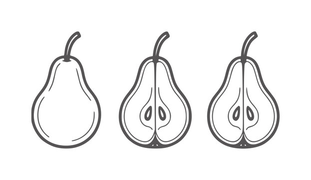 Three pears one whole two halved showing seeds and core fruit food