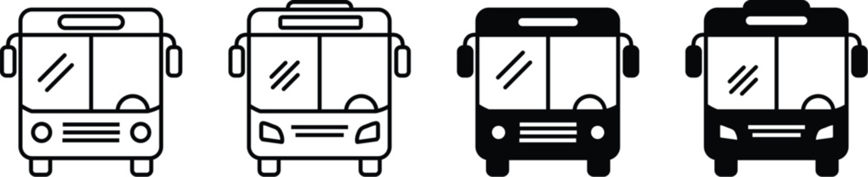 Black and white bus front view icons in outline and solid style on transparent background