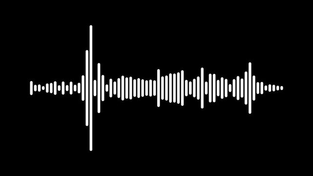 Abstract white frequency waveform animation, audio spectrum visualizer, black background, podcast sound signal, modern equalizer motion, seamless 4K digital interface element.