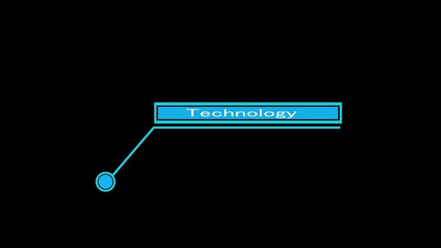 A cyan callout box with the word Technology inside it is connected by a line to a cyan circle on a black background, representing digital communication or information sharing in a technological