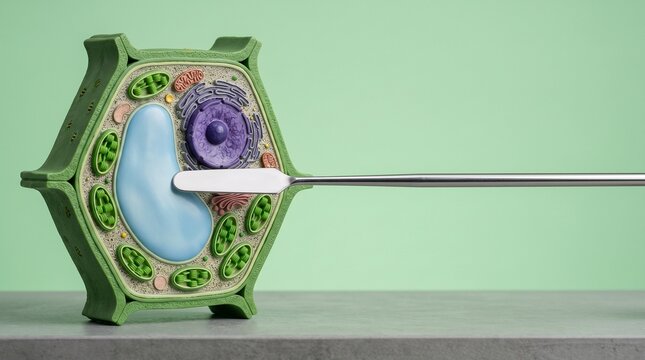 Plant Cell Model with Needle on Green Background.