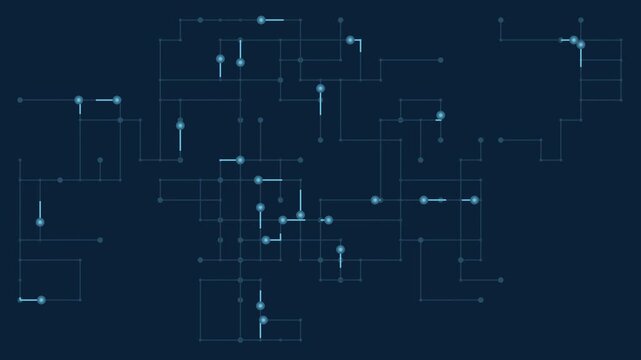 Blue circuit board traces with light pulses running, digital seamless loop background