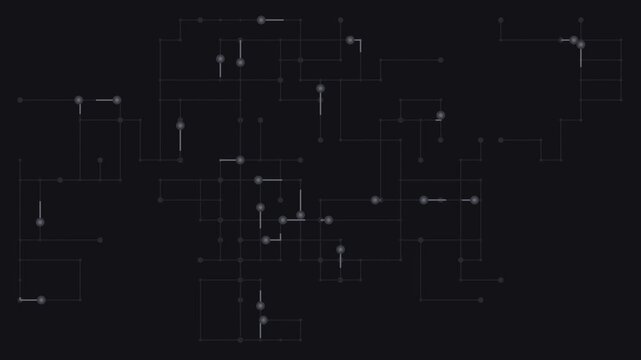 Black circuit board traces with light pulses running, digital seamless loop background