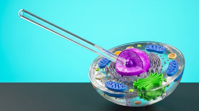 Detailed 3D Model of an Animal Cell with Organelles and Nucleus.
