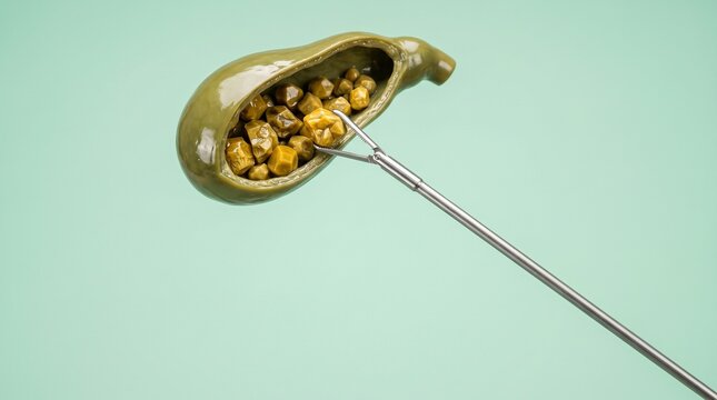 Medical forceps removing gallstones from an opened gallbladder model.