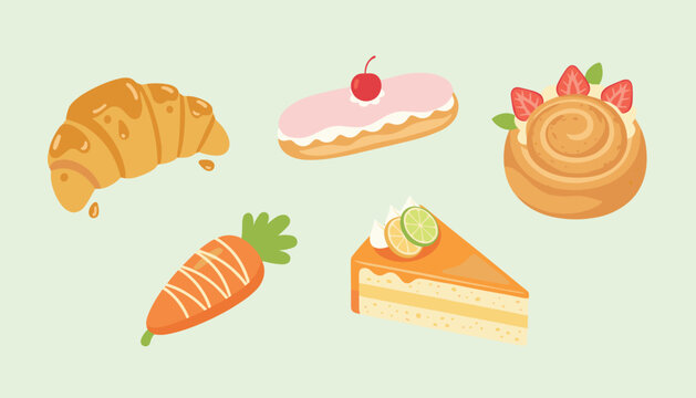 Delicious selection of bakery pastries and sweets including croissant cinnamon roll eclair cake slice and carrot.
