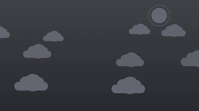 Black flat cartoon sky with moving clouds and sun, cute seamless loop background