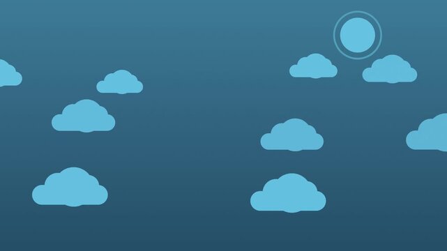 Blue flat cartoon sky with moving clouds and sun, cute seamless loop background