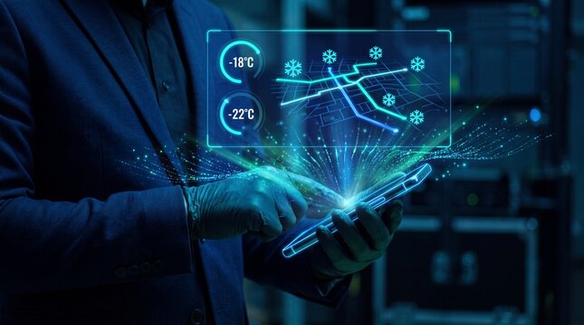 Logistics manager monitors cold chain integrity using holographic smartphone in data center