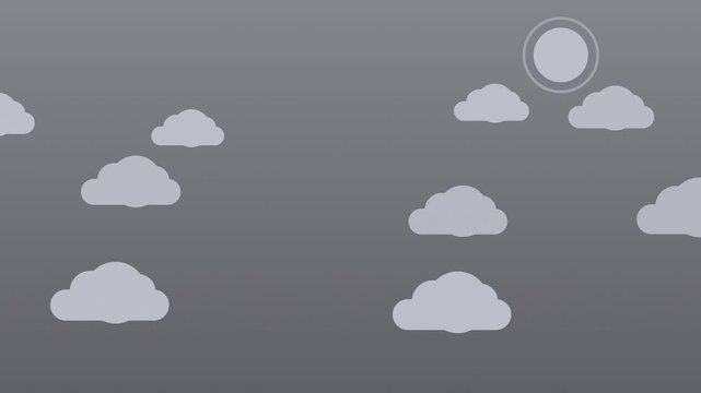 Gray flat cartoon sky with moving clouds and sun, cute seamless loop background